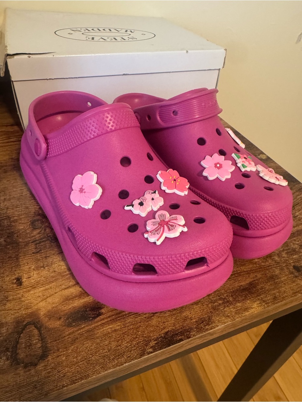 CROCS Platform Clogs in Bright Pink with Floral Charms